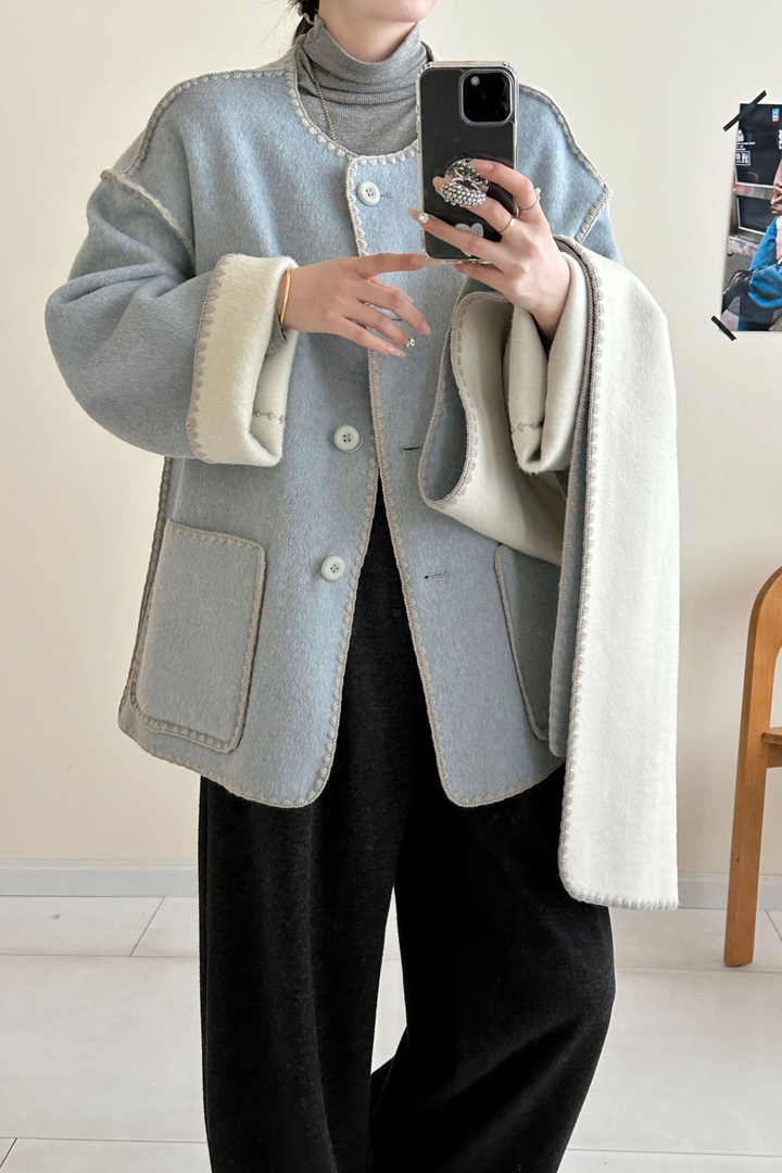 Angelic Soft Stitch Coat Scarf Cardigan - Sky Ivory