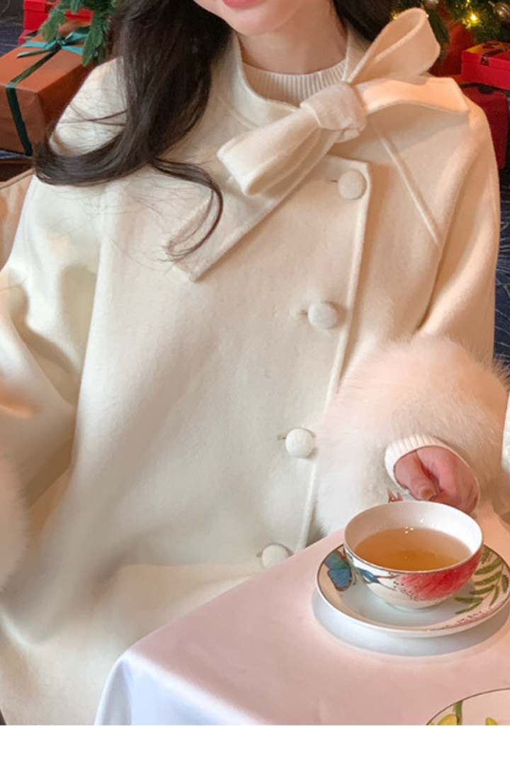 Fox Fur Wool Poncho Bow Statement Cuffs Coat
