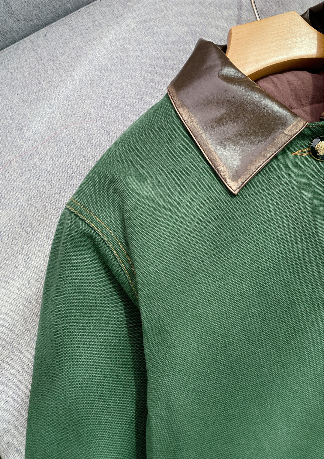 Leather Collar Casual Denim Green Jacket