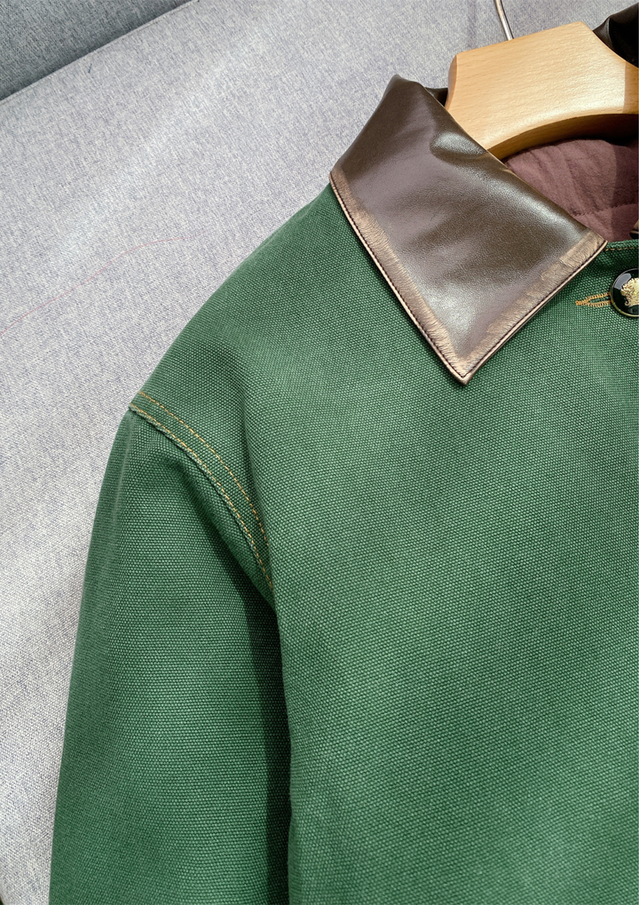 Leather Collar Casual Denim Green Jacket