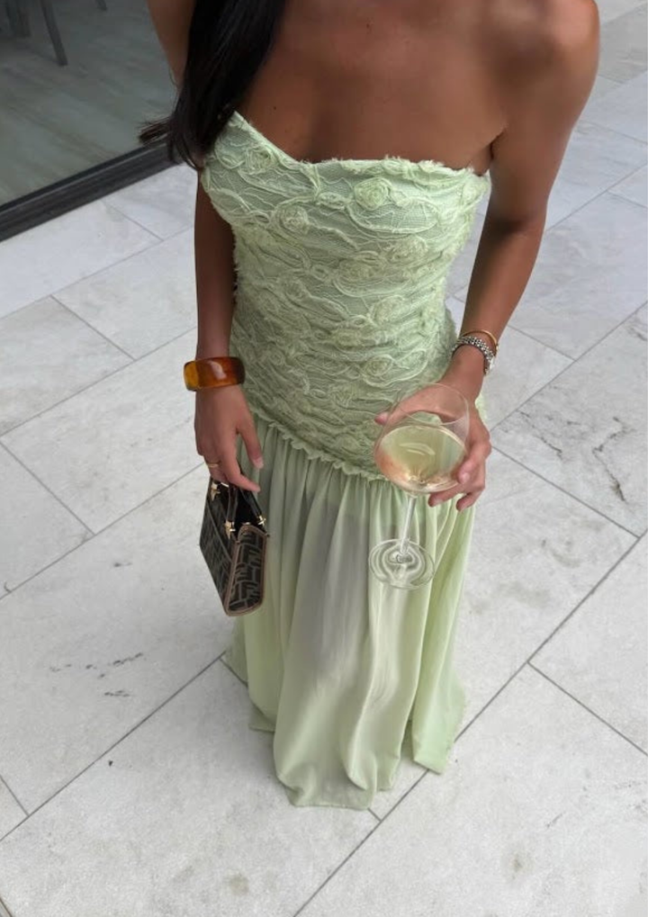 Rosette Chiffon Strapless Maxi Dress