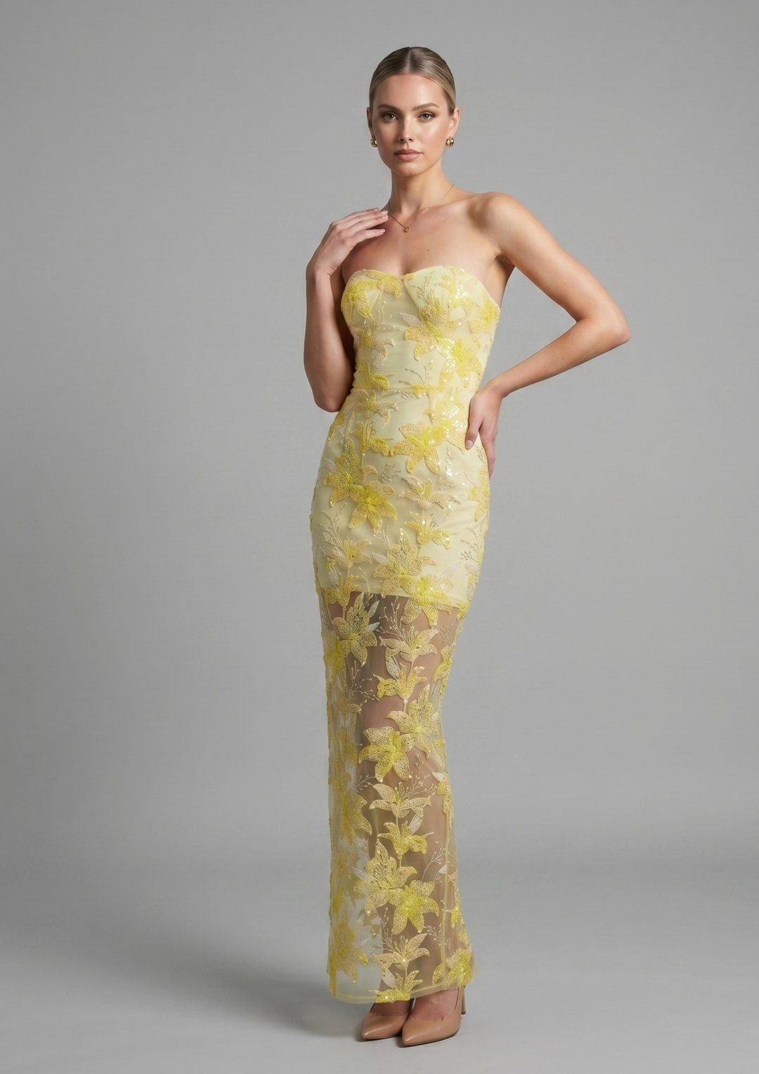 Golden Blossom Embroidered Strapless Gown