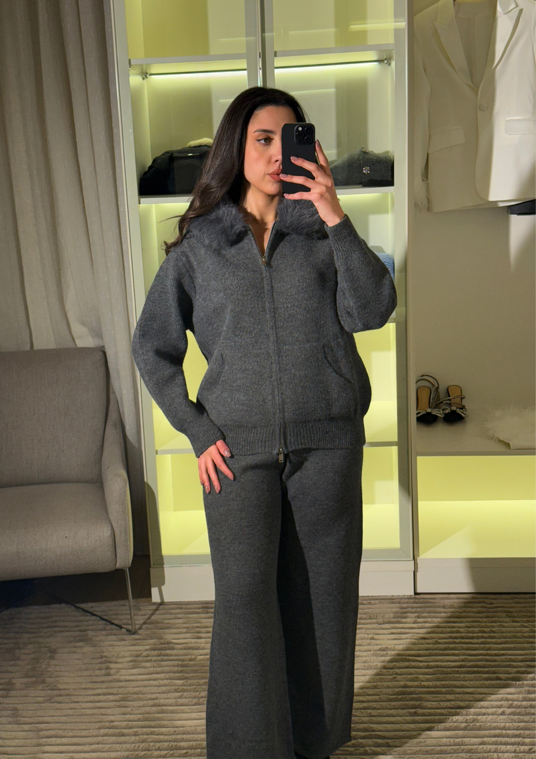 Comfy Lily Fur Trim Zip Hooded Knit Set