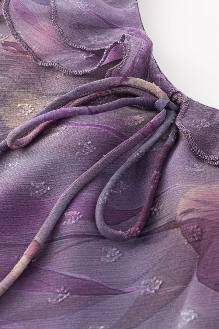 Enchanted Violet Floral Ruffle Maxi Dress