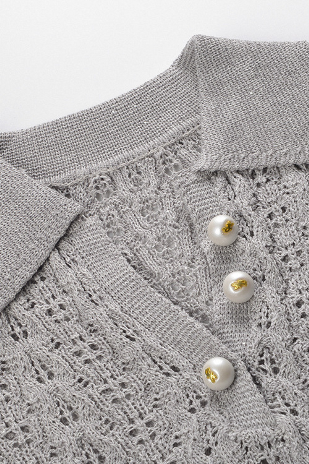 Pearl Lace-Trim Crochet Knit Polo Top