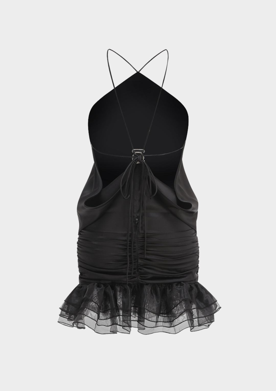 Noir Whisper Backless Ruffle Mini Dress