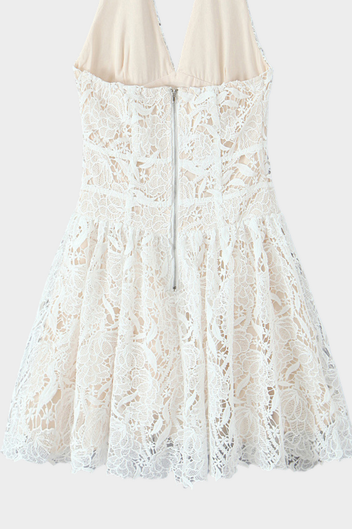 Ivory Apricot  Bloom Lace Halter Cute Mini Dress