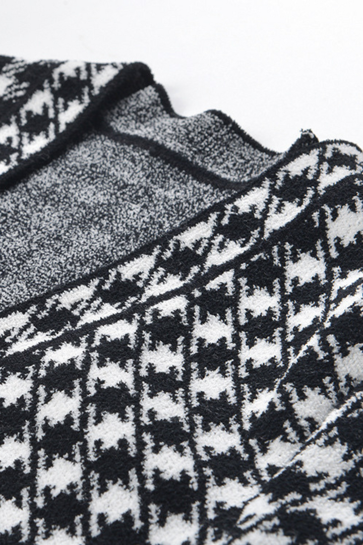 Chic Knit Houndstooth Long Sleeve Mini Skirt Set