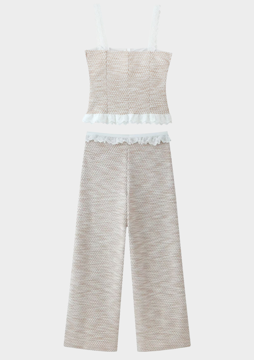 Lace Trim Tweed Cami &amp; Wide Leg Pants Set