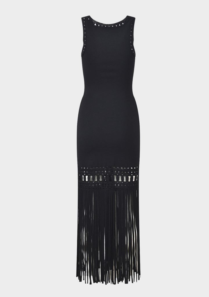 Noir Fringe Knit Maxi Dress