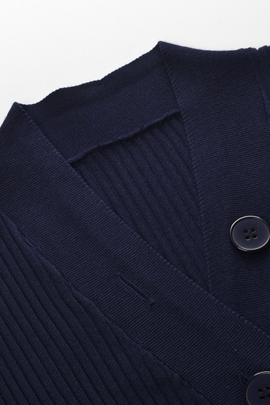 Navy Blue Soft Wool Ribbed V-Neck  Button Top