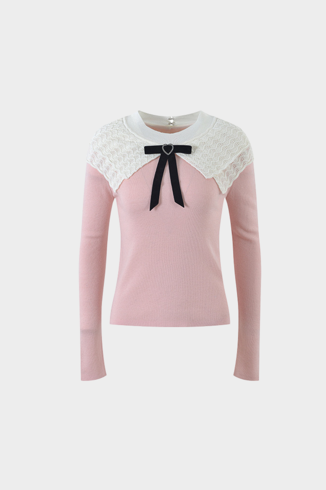 Heart Bow Lace Splicing Round Neck Wool Sweater Top