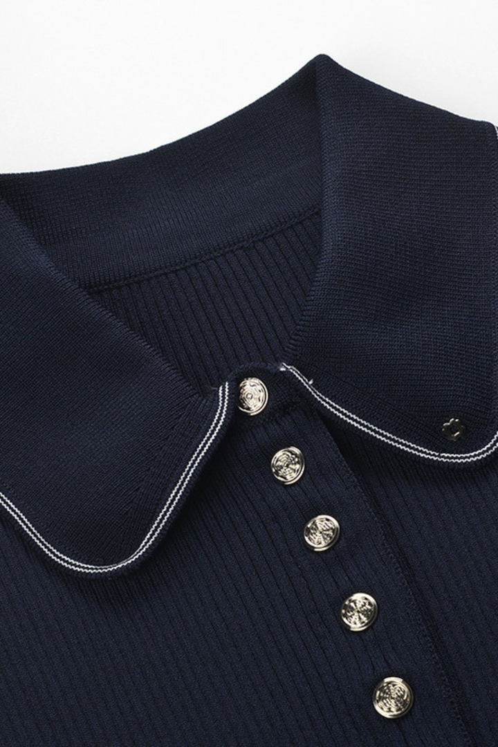 Lily – Navy Luxe Polo Collar Pleated Knit Mini Dress