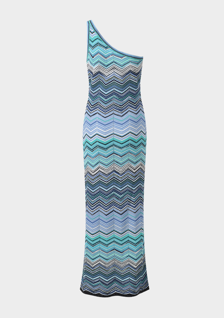 Azure Wave One Shoulder Knit Maxi Dress
