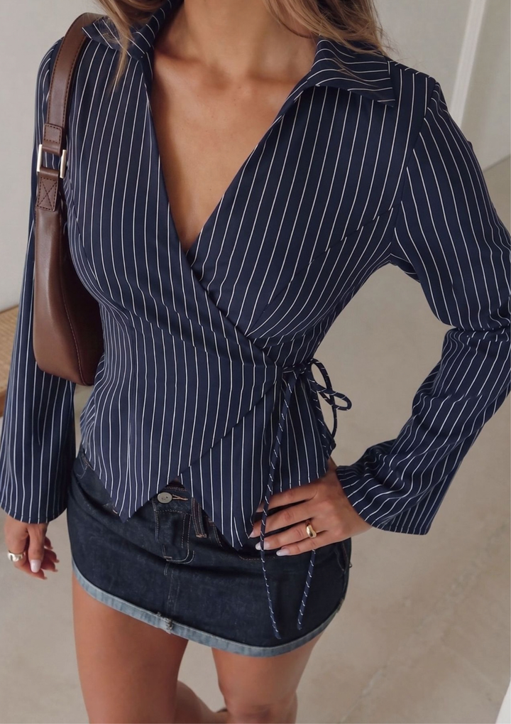 Verona Pinstripe Wrap Blouse