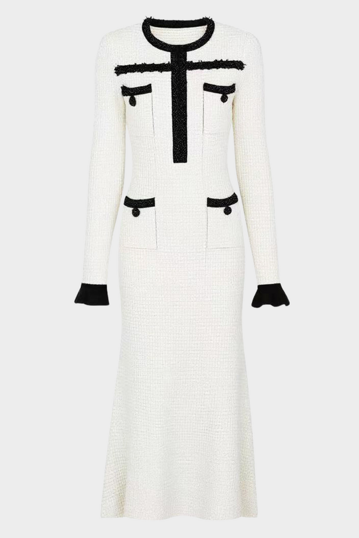 Opulent Pearl Trim Viscose Knit Flare Elegance Maxi Dress