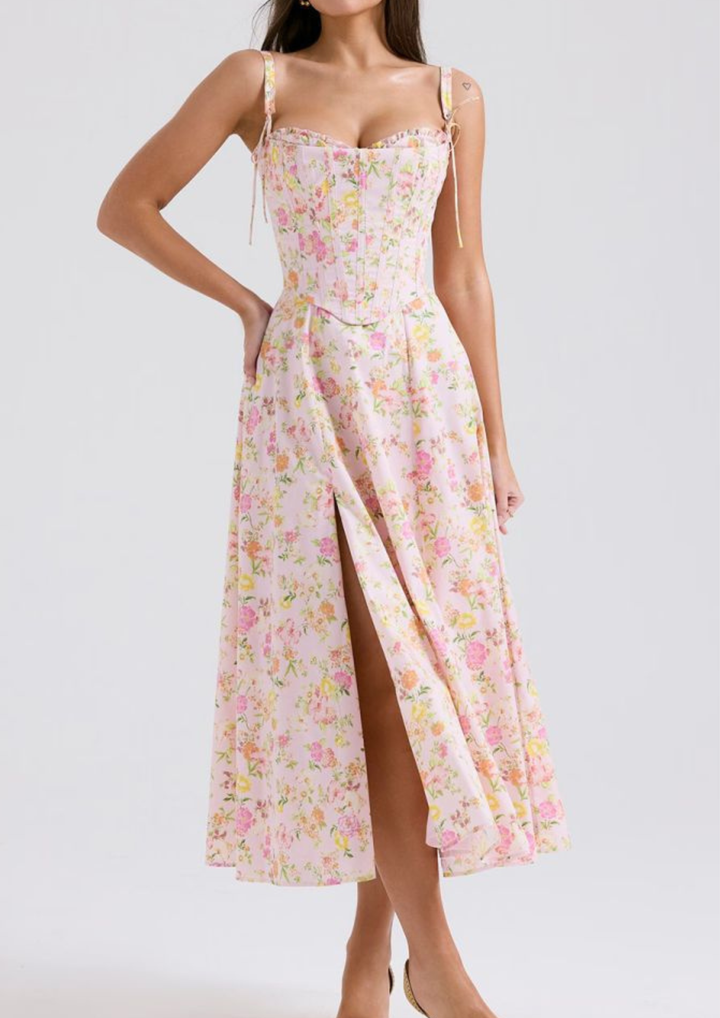 Serena Fishbone Lace Up Maxi Dress – Pink Floral