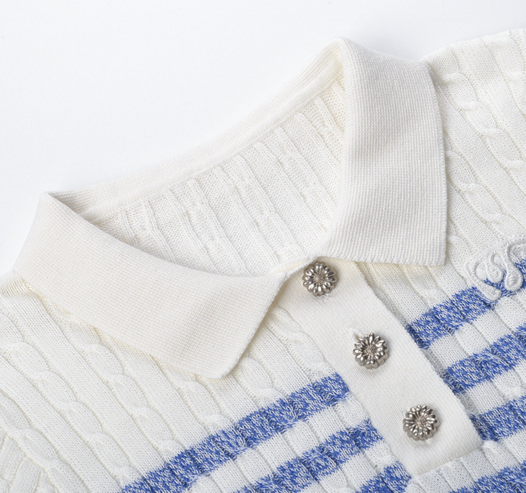 Blue Stripe Knit Polo Top