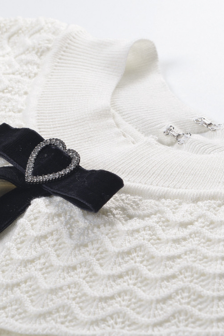 Heart Bow Lace Splicing Round Neck Wool Sweater Top