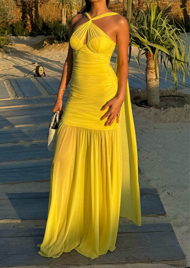 Sunset Glow Draped Mesh Maxi Dress