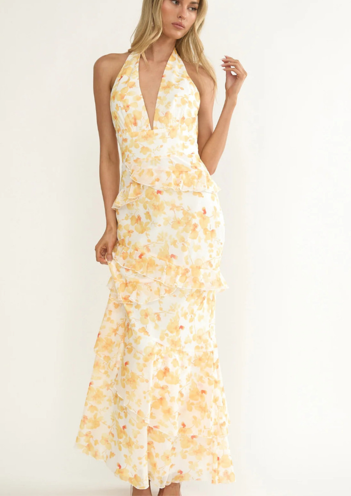 Sunlit Bloom Halter Maxi Dress