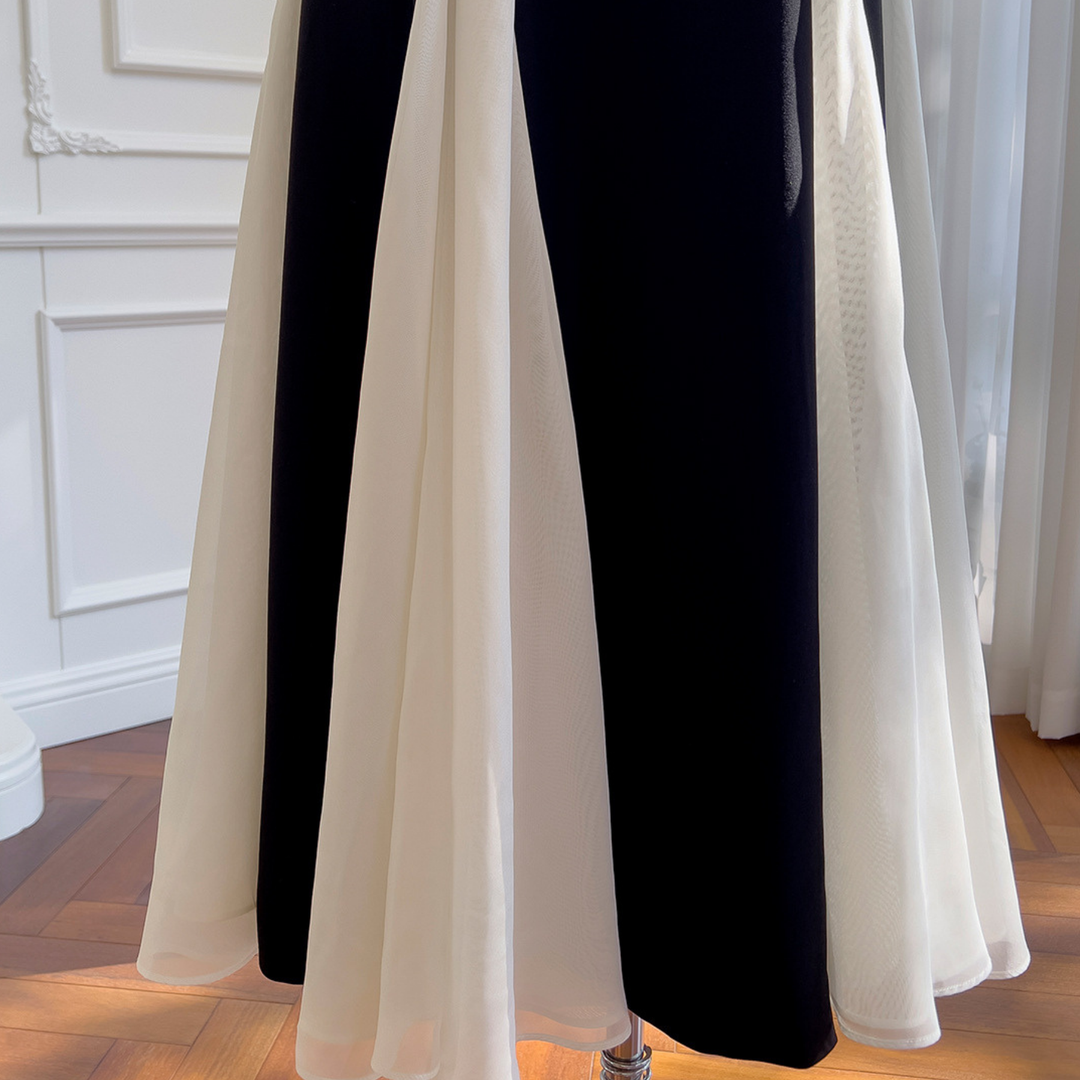 Monochrome Elegance Twill Chiffon Maxi Dress