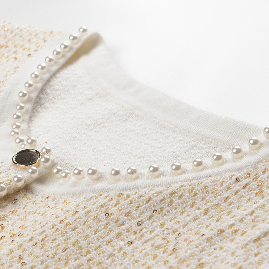 Elegant Golden Pleated Pearl Vest Set