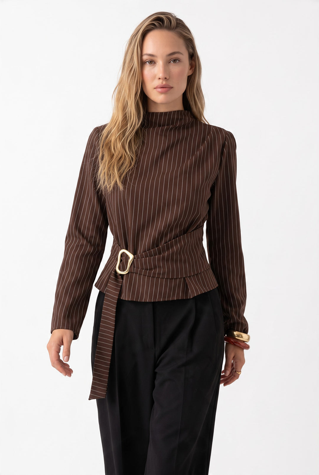 Arden Pinstripe Belted Blouse