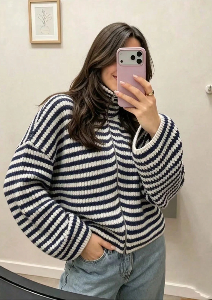 Striped Zip-Up Knit Cardigan Top