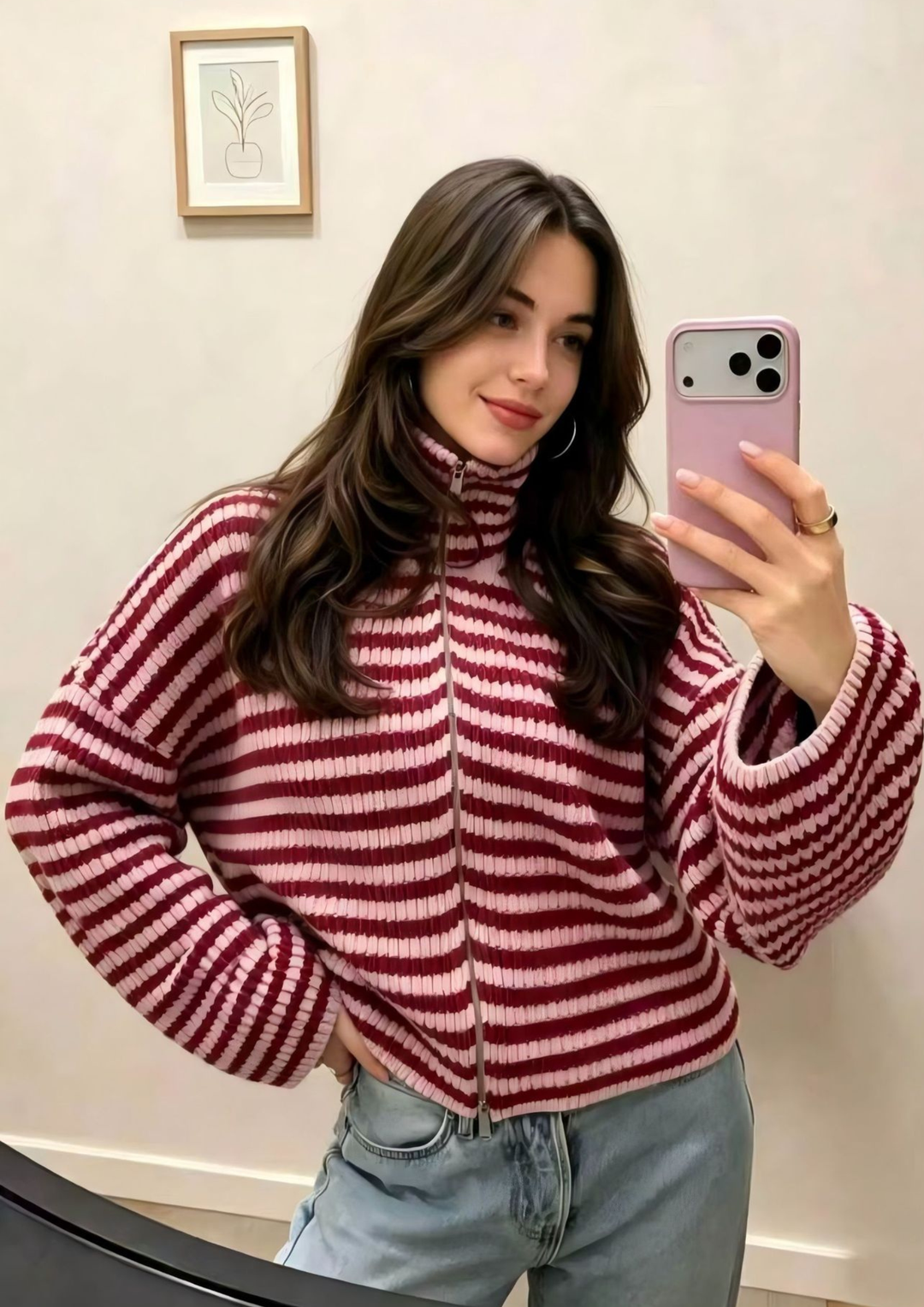 Striped Zip-Up Knit Cardigan Top
