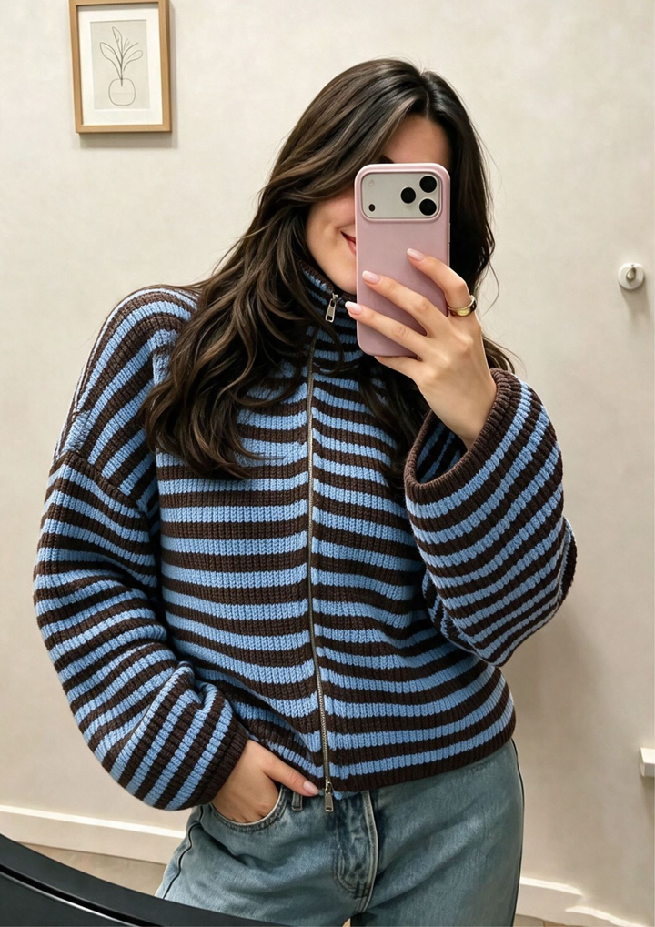 Striped Zip-Up Knit Cardigan Top