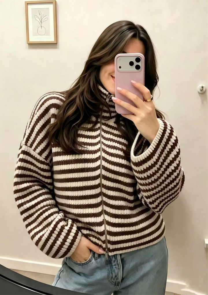 Striped Zip-Up Knit Cardigan Top