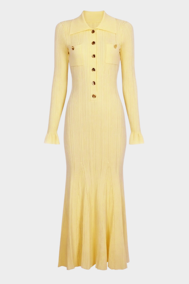 Viscose  Lapel Gold Buttons  Flared Hem Maxi Dress