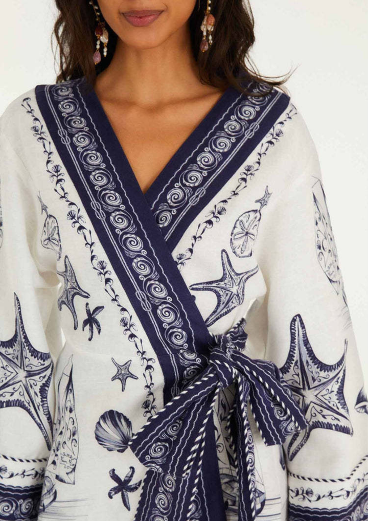 Seaside Toile Wrap Mini Dress