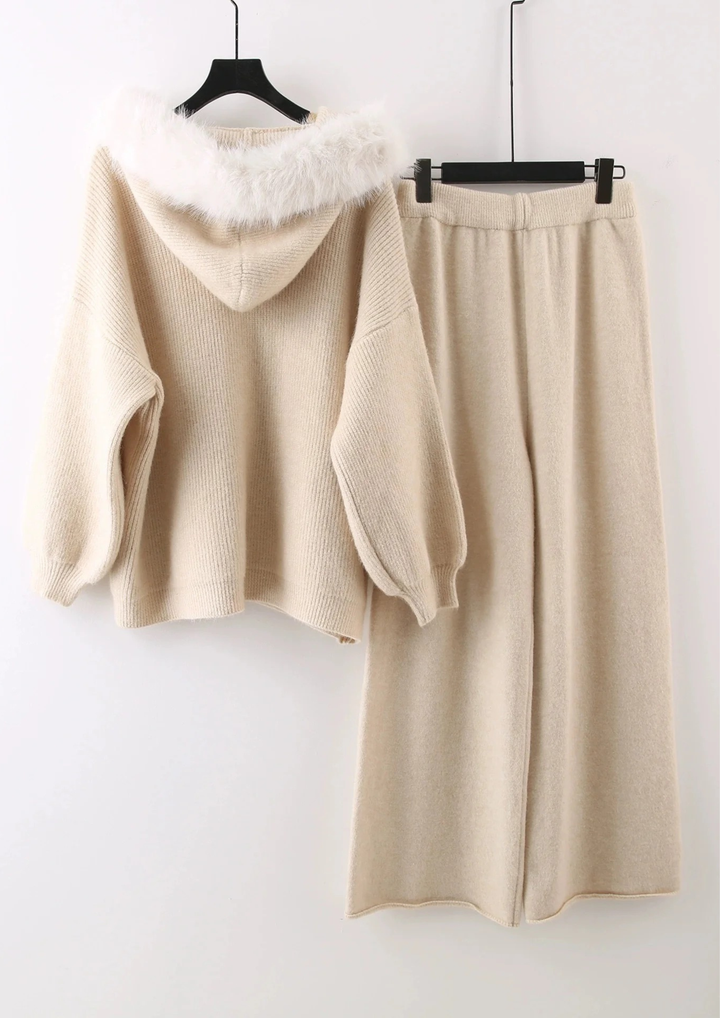 Comfy Gia Fur Collar Wide Leg Hooded Knit Set