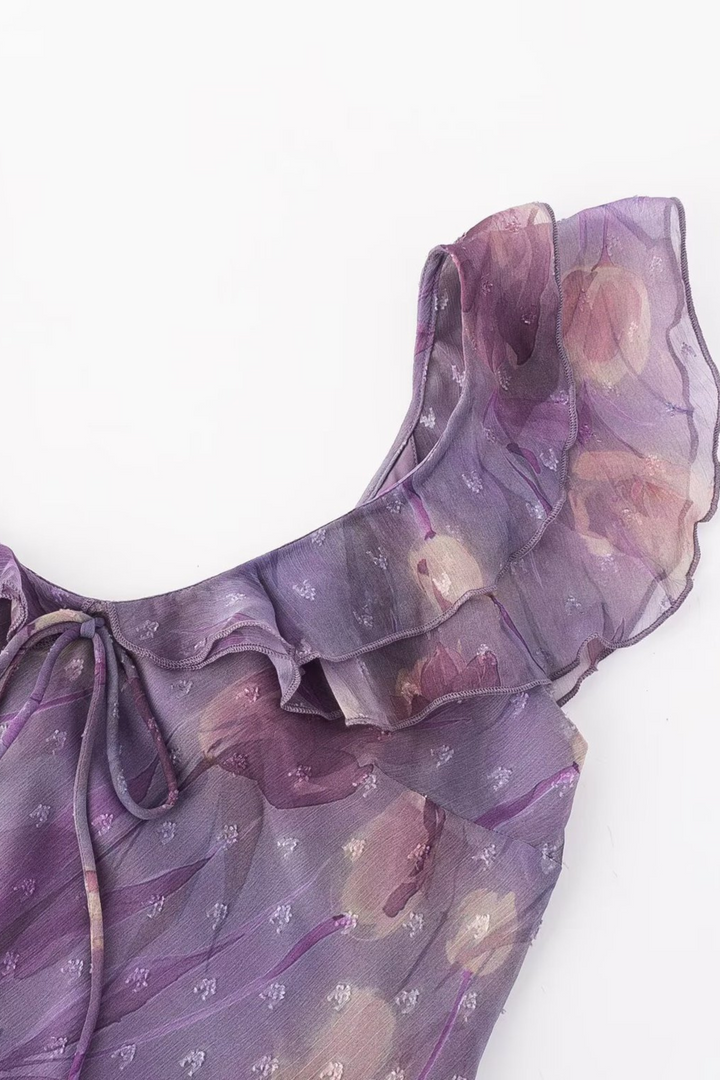 Enchanted Violet Floral Ruffle Maxi Dress