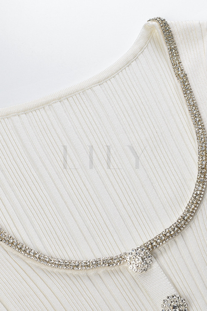 Crystal Trim U-Neck Ribbed Wool Top