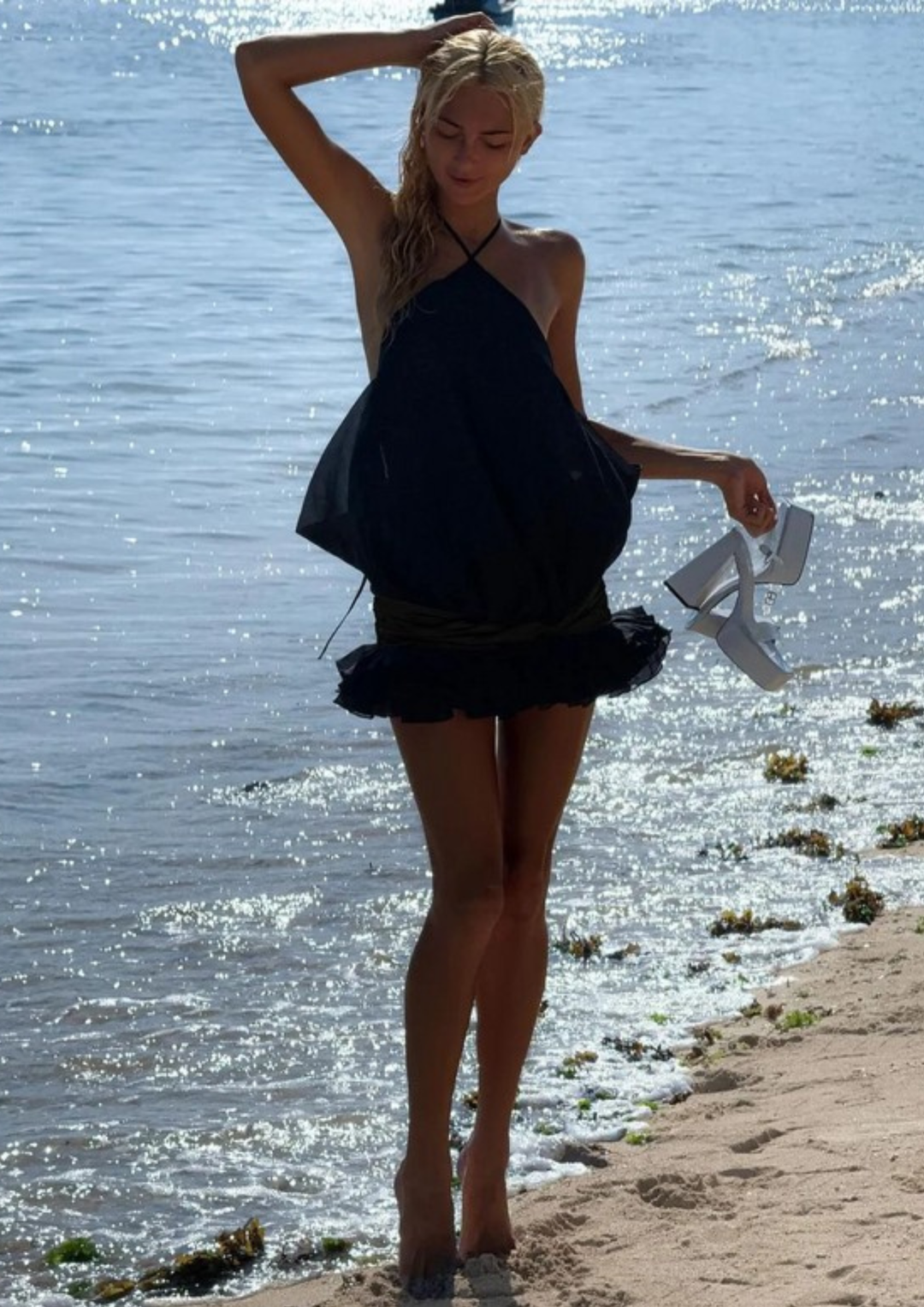 Noir Whisper Backless Ruffle Mini Dress