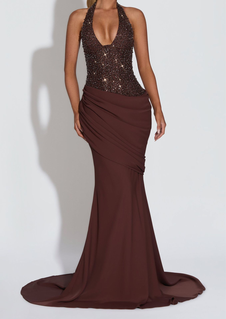 Semi Sheer Embellished Halter Sparkle  Sequin Maxi Dress