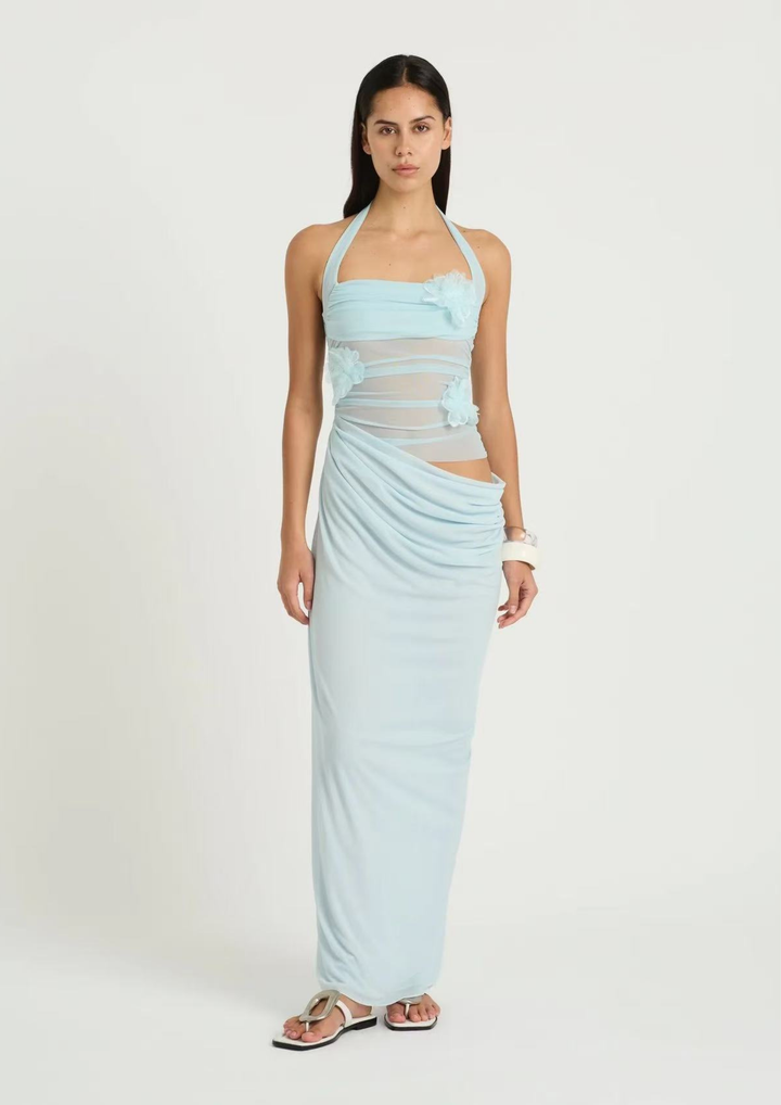Aurora Mesh Flower Halter Maxi Dress