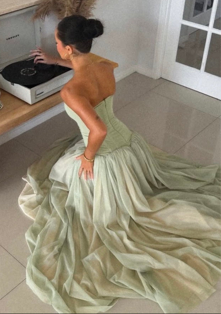Rosette Chiffon Strapless Maxi Dress