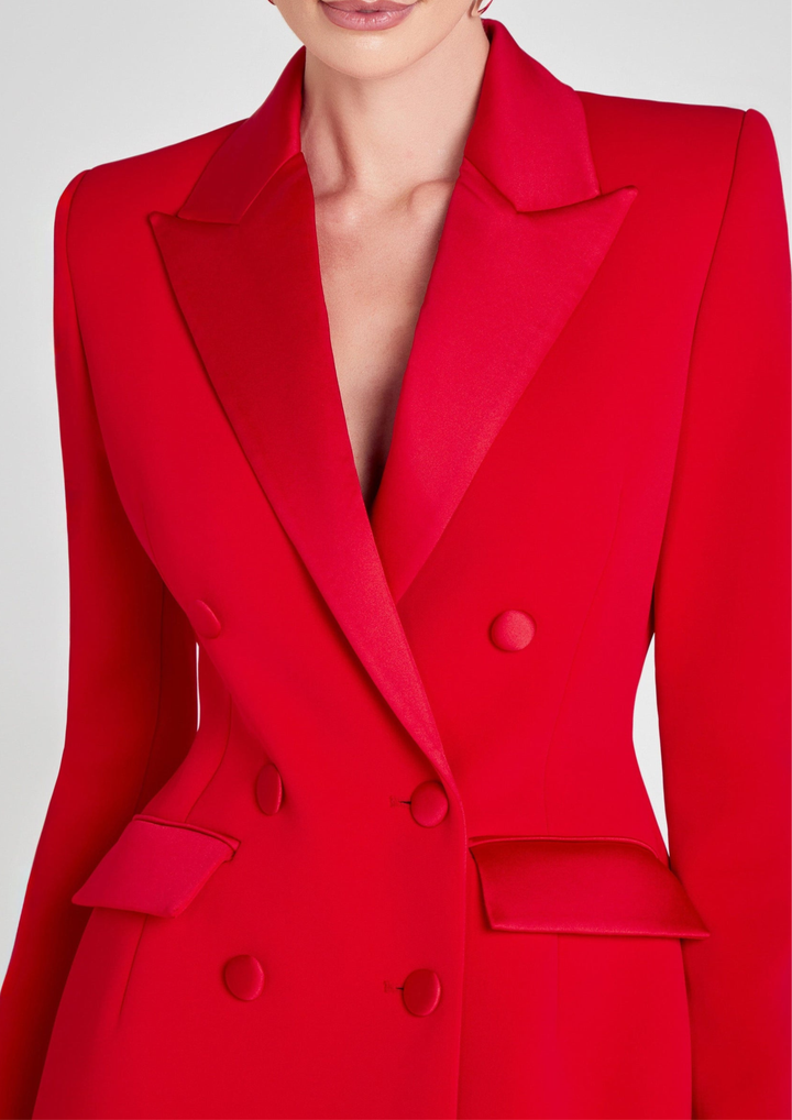 Scarlet Silk Lapelled Satin Blazer Dress