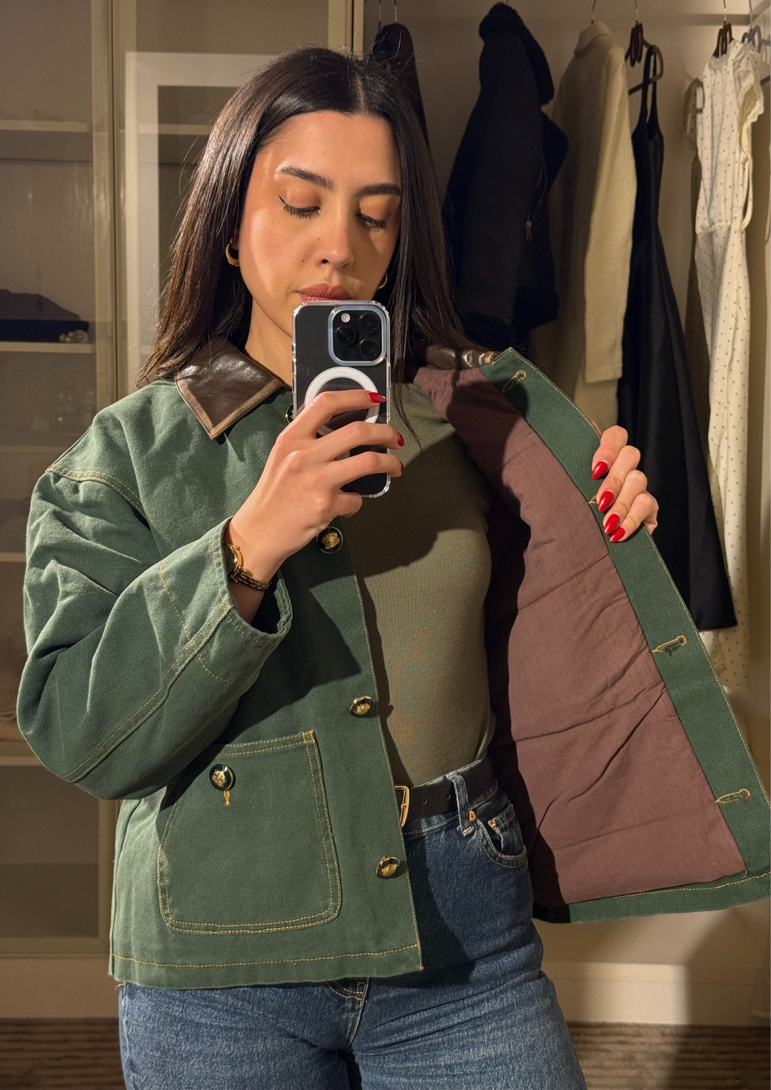 Leather Collar Casual Denim Green Jacket