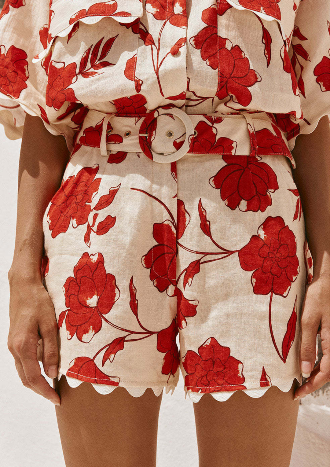 Red Floral Belted Shorts Set