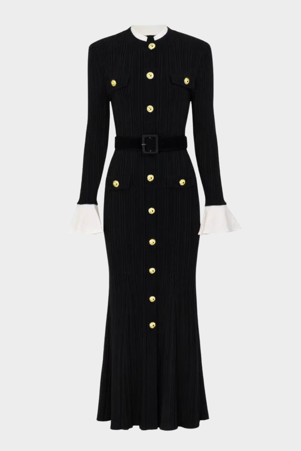 Majestic Knit Contrast Cuffs Sculpted Waist  Maxi Dress