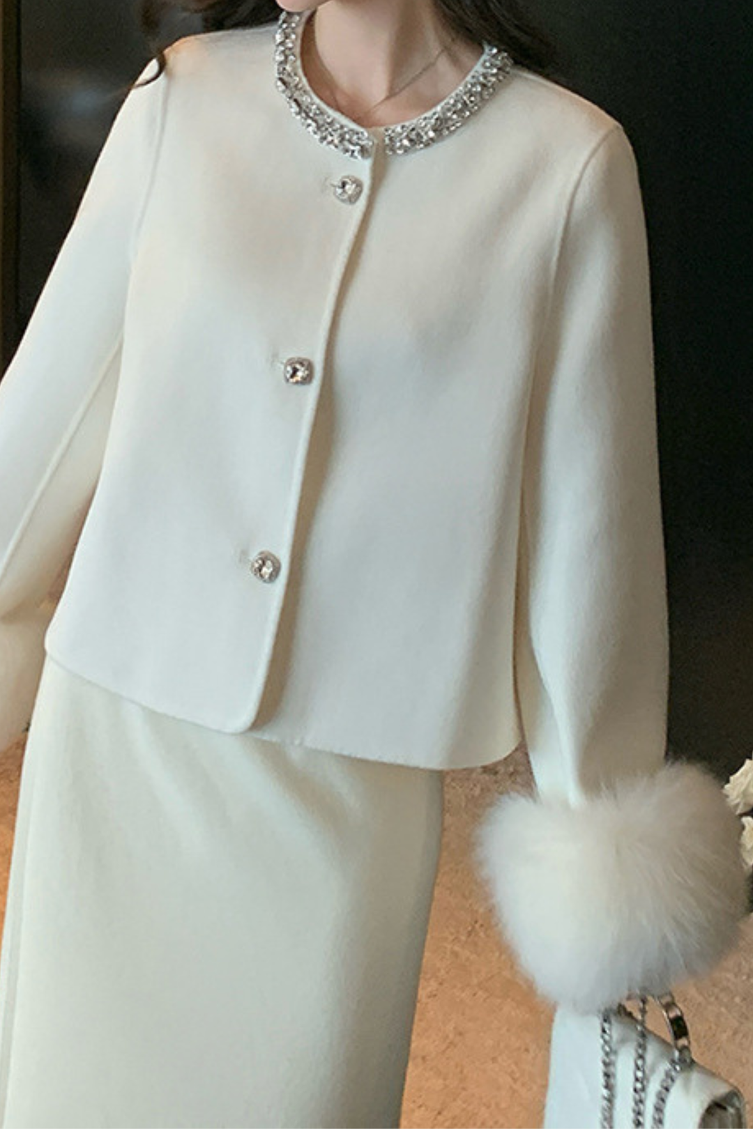 Crystal Collar Luxe Fur Cuff Wool Cardigan Top