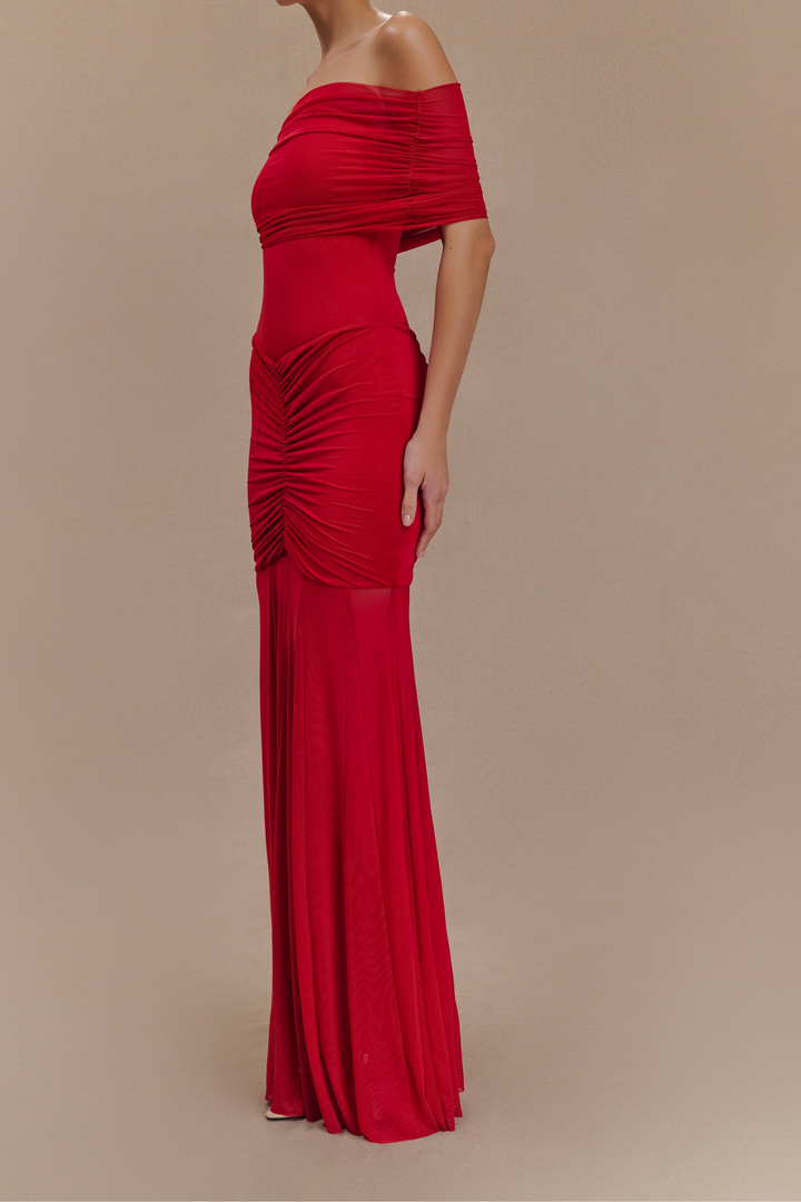 Scarlet Serenity Off Shoulder Ruched Mesh Maxi Dress