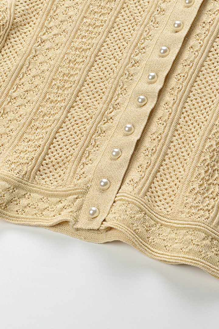 Beige Hollow Knitted Viscose Pearl Button Cardigan & Maxi Skirt Set
