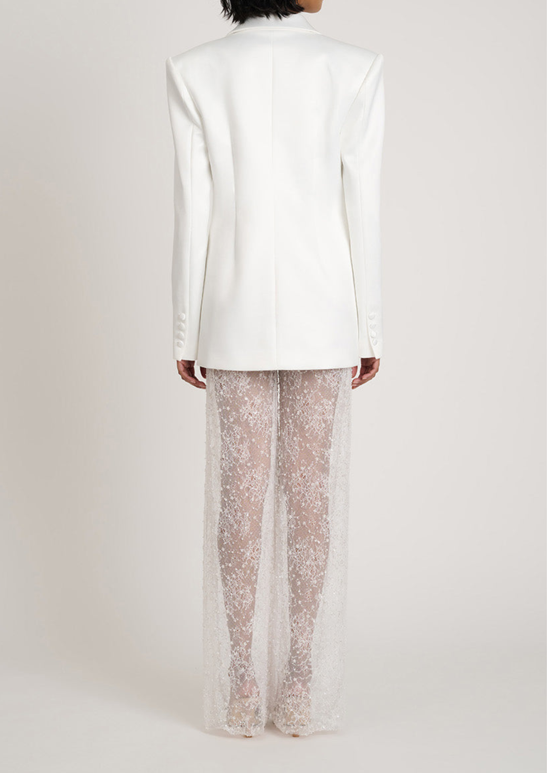 Tailored Blazer Sheer Lace Wide Leg Trouser Set