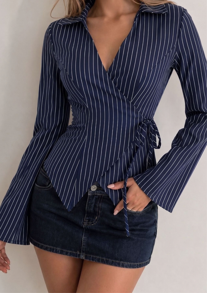 Verona Pinstripe Wrap Blouse